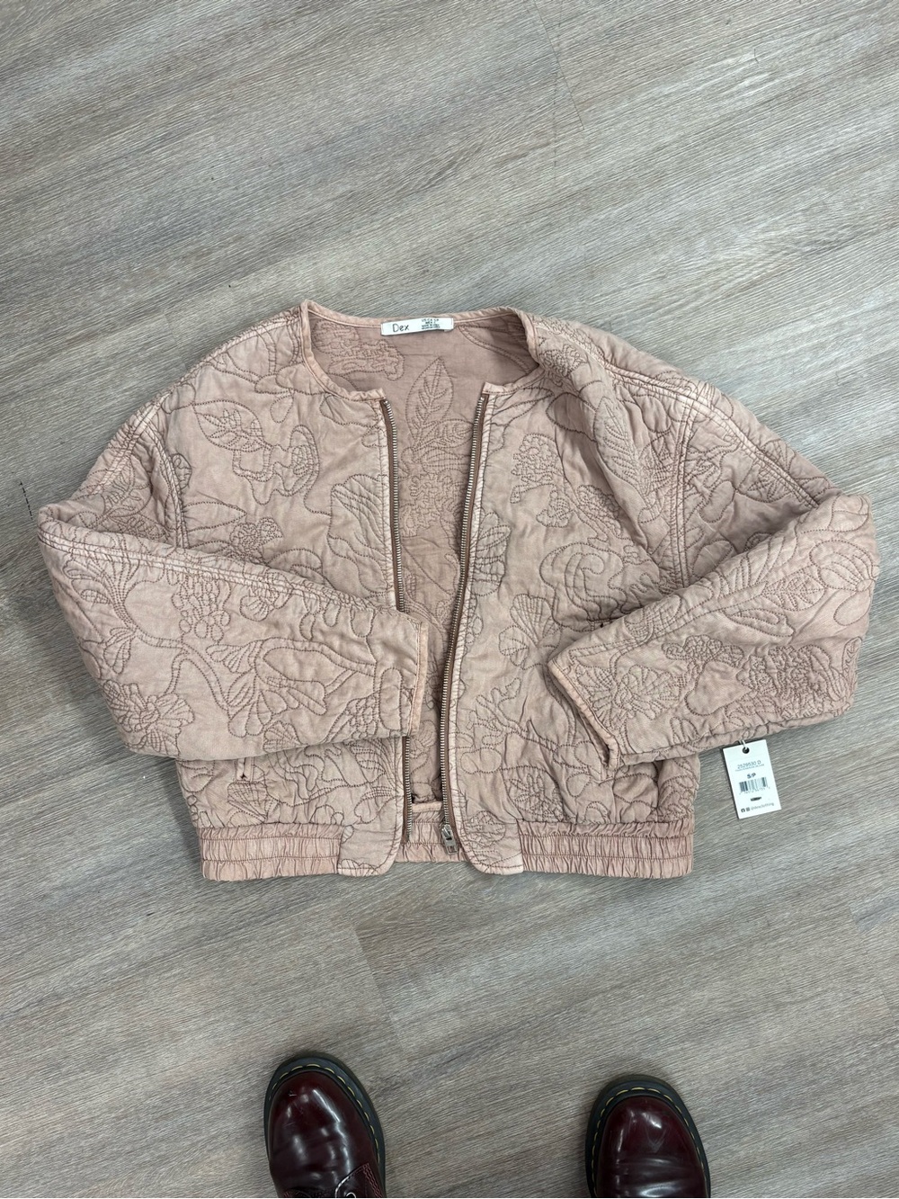 Dex Quilted beige Floral-Embossed Bomber Jacket